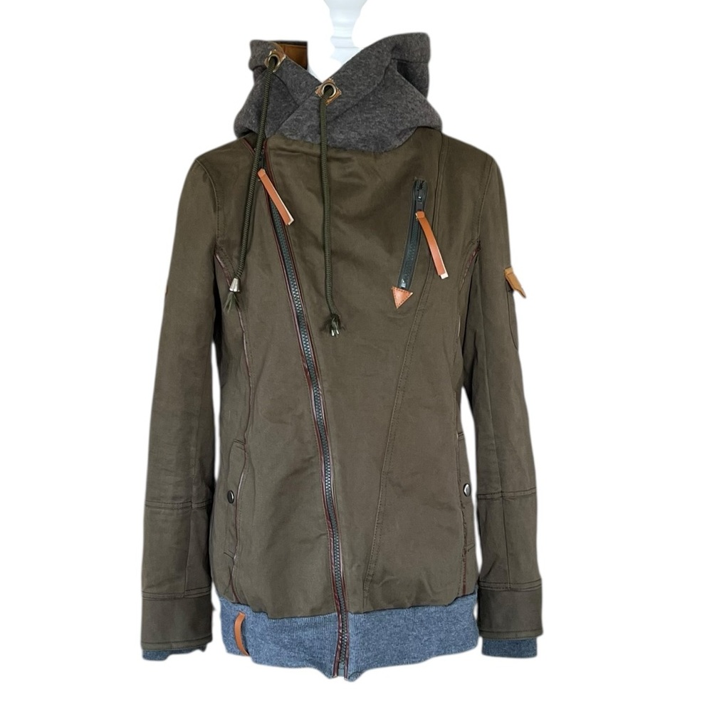 Olive Green Moto Utility Jacket Hooded Streetwear Asymmetrical Military Style M